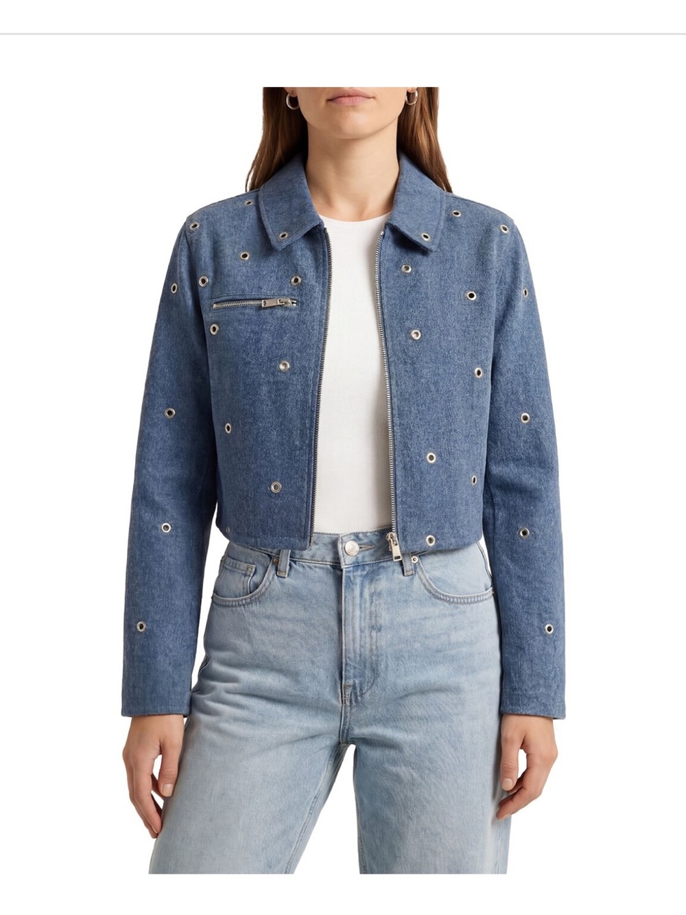 Avec Les Filles Blue Eyelet-Embellished Cropped Jean Jacket
